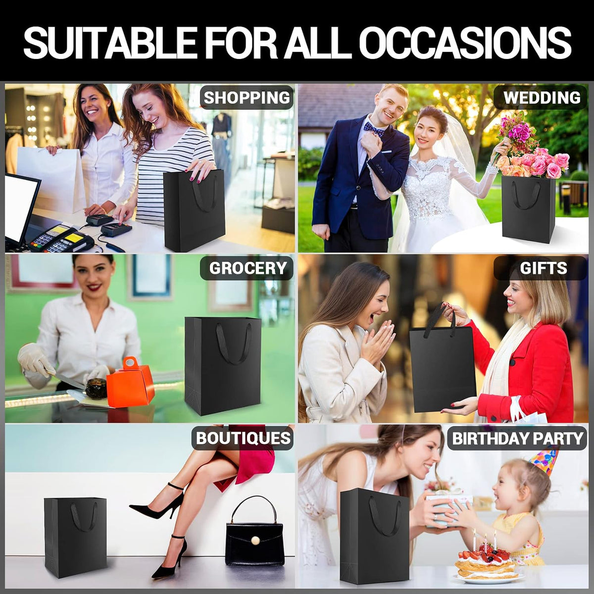 Shopping Bags for Boutique, 20pcs 7.8" x 3.9" x 11" Medium Sturdy Black Kraft Paper Gift Bags with Cloth Handle Bulk