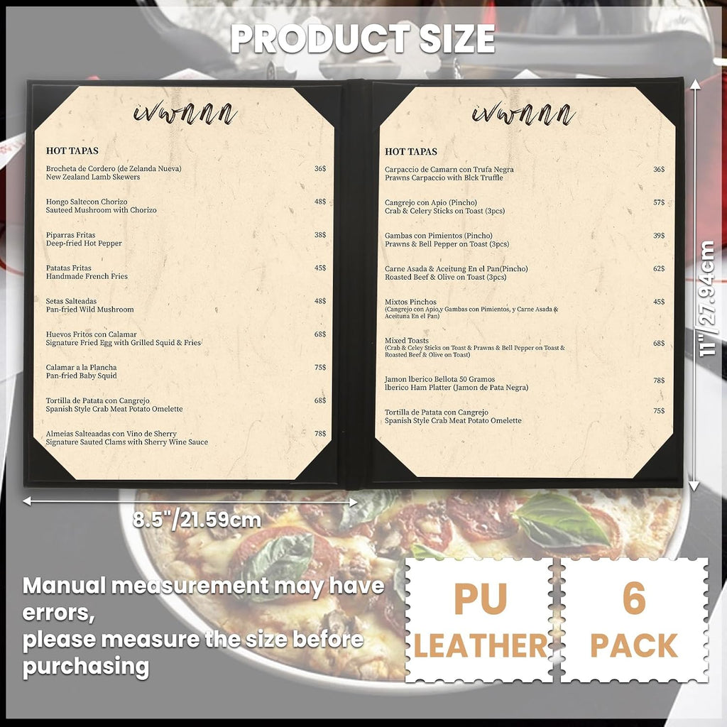 8.5'' x 11'' Menu Covers 6 Pack Black PU Leather Menu Holders Book Style with Angled Corners Double View Menu Sleeves
