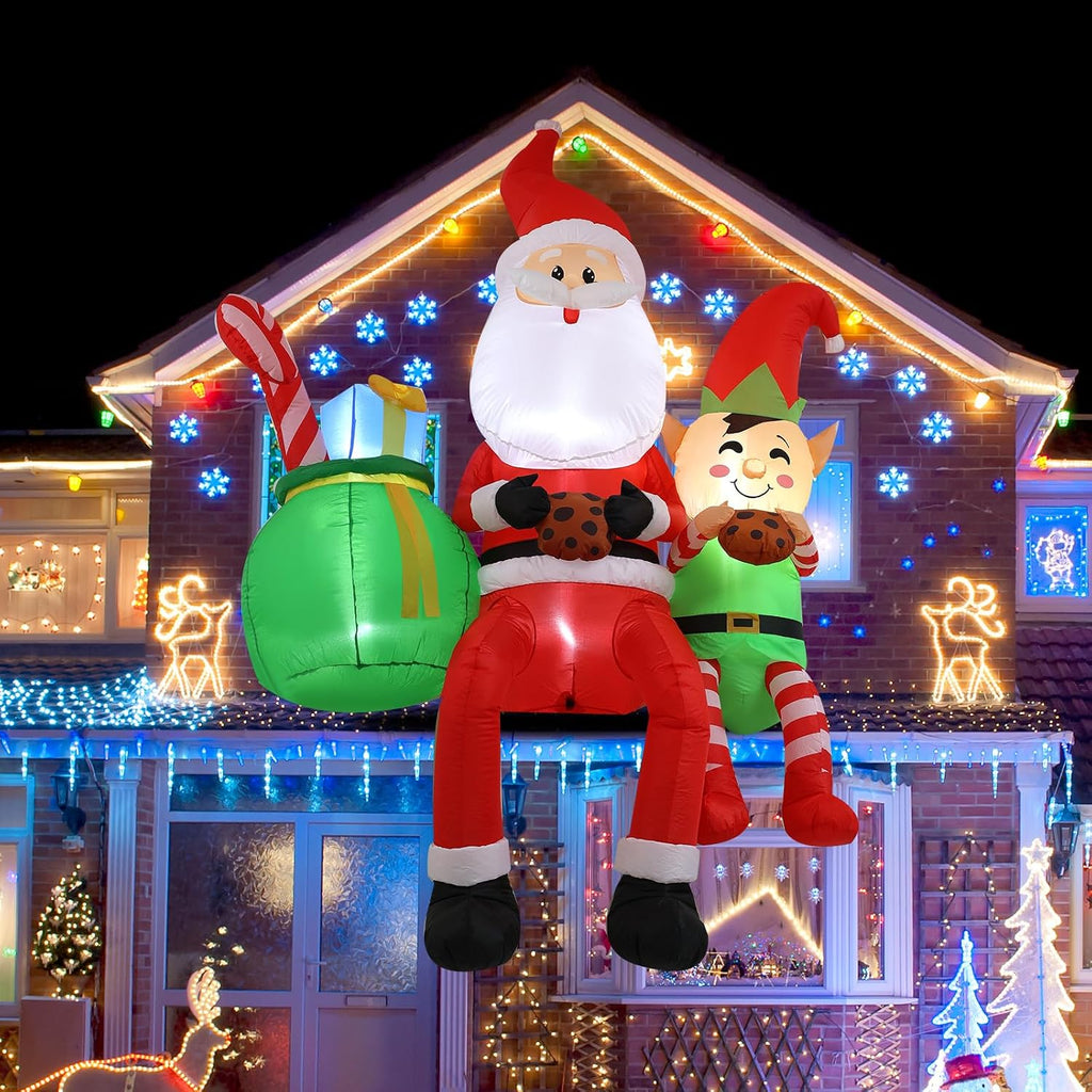 8FT Santa Claus Sitting on the Roof Christmas Inflatable Decoration with LED Lights, Suitable for Holiday Celebration