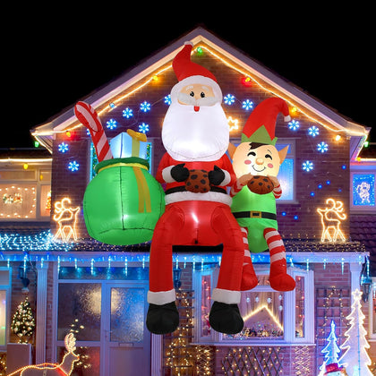 8FT Santa Claus Sitting on the Roof Christmas Inflatable Decoration with LED Lights, Suitable for Holiday Celebration