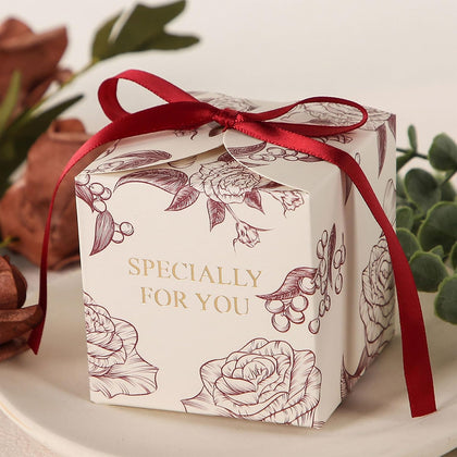 50pcs Rose Party Favor Boxes, 2.75 x 2.75 x 2.75 Inch Wine Red Candy Boxes with Ribbons for Wedding Bridal Baby