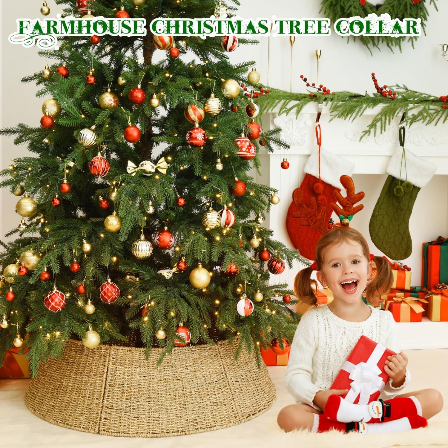 32 in Extra Large Rattan Christmas Tree Collar Basket - Rustic Handcrafted Christmas Tree Stand Cover Woven Tree