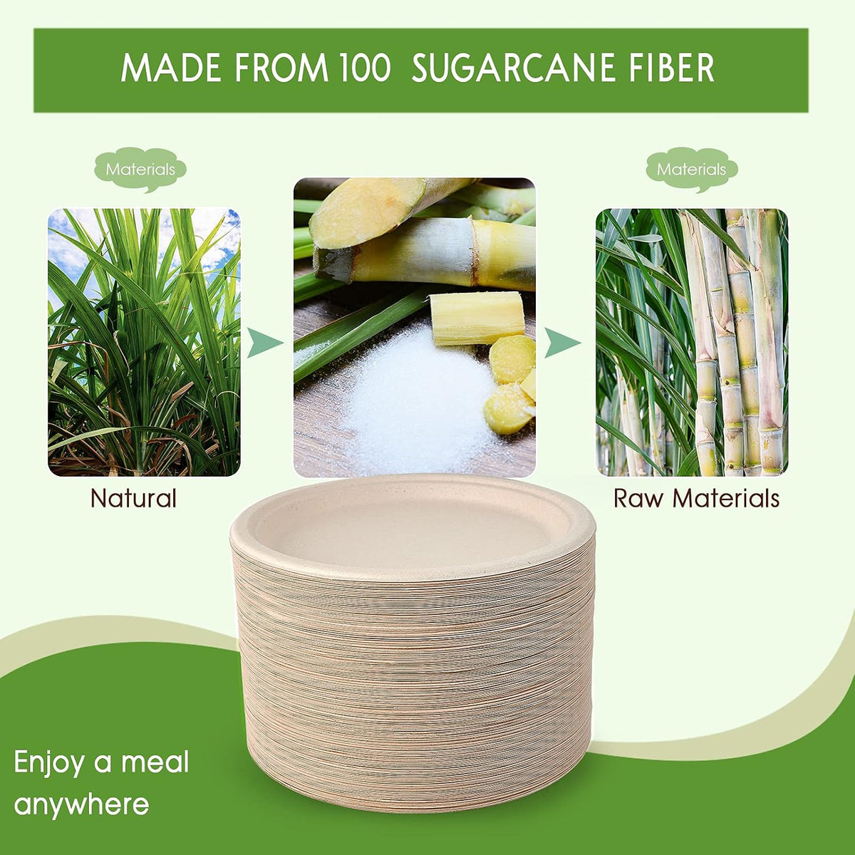 150 Pack Compostable Bagasse Paper Plates 10.25 inch, Nature