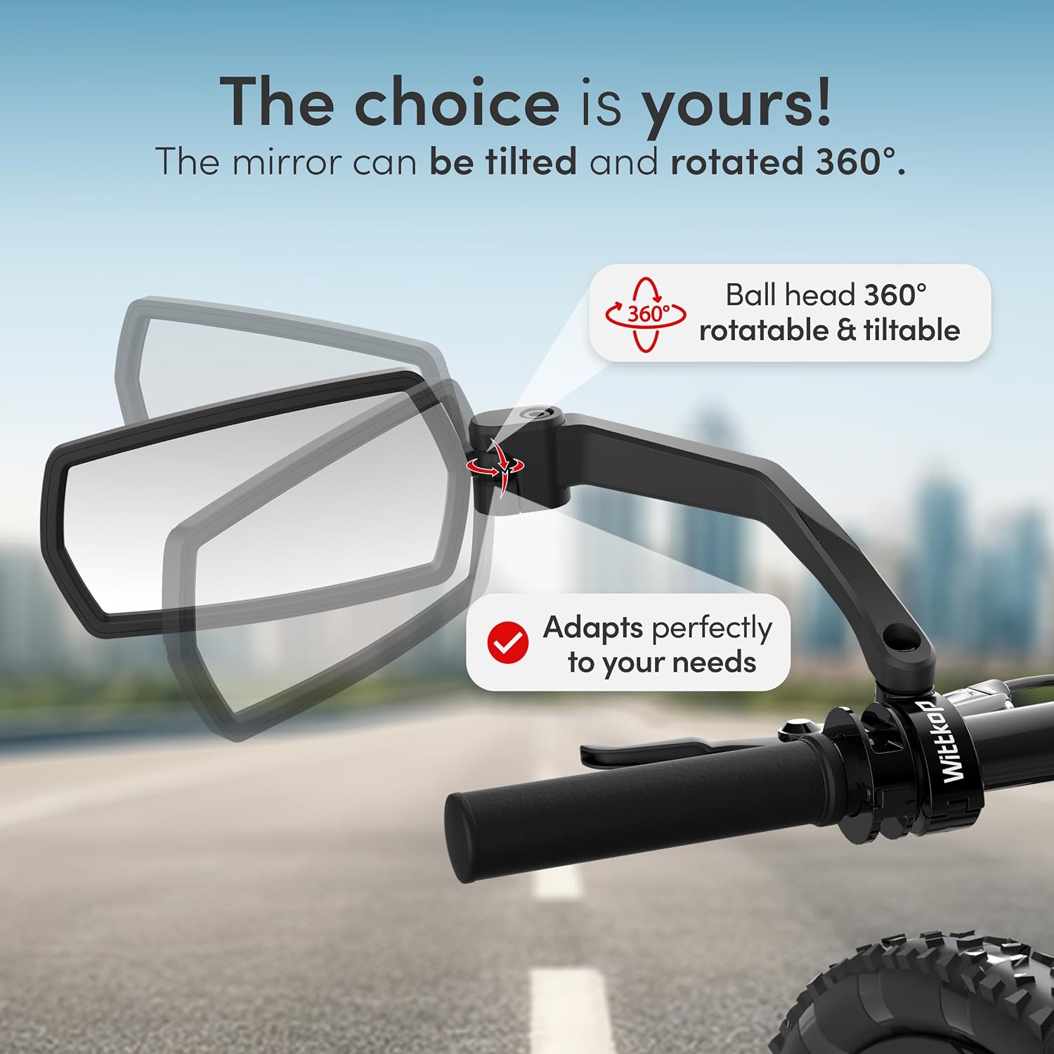 Bike mirror | Large HD field of vision | 360° rotatable & foldable | Mounting above & below | Break-proof & durable |