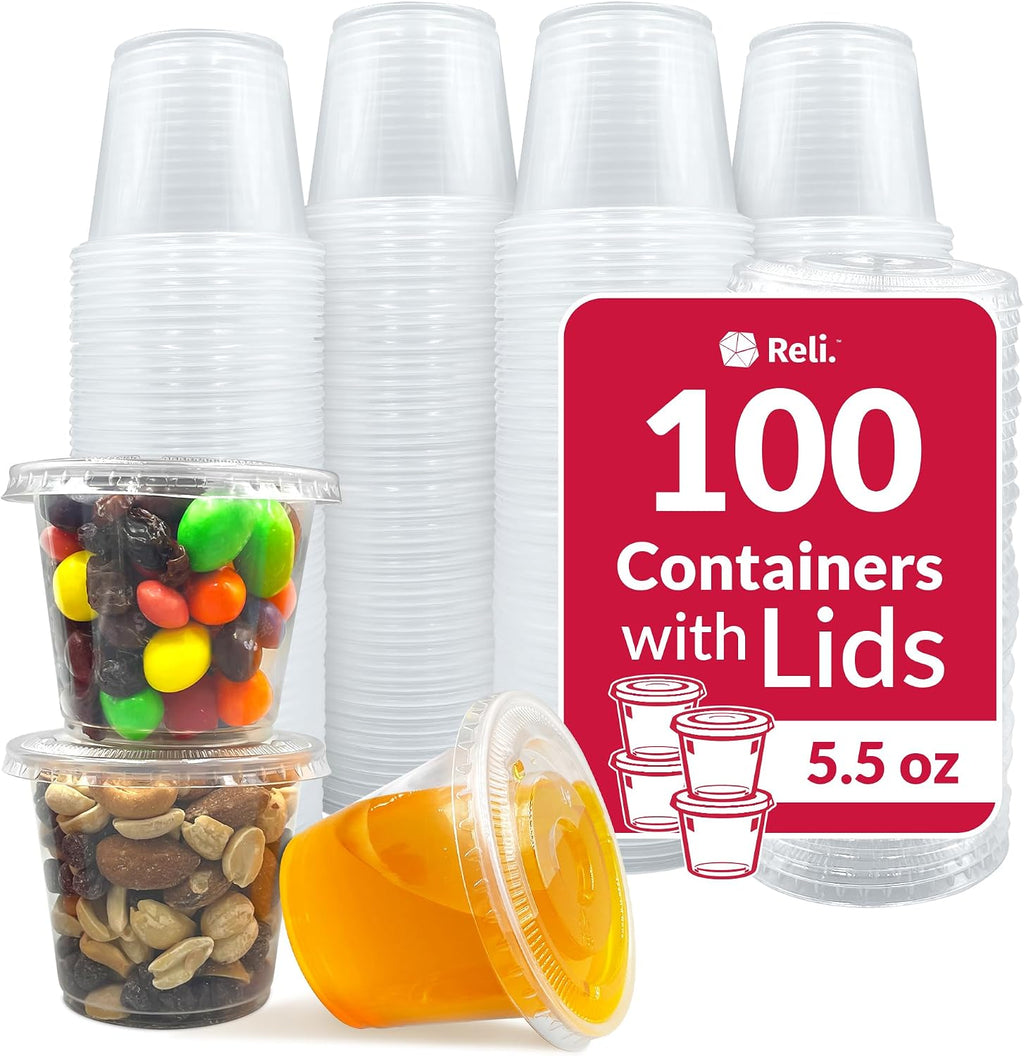 5.5 oz Condiment Containers with Lids (100 sets) | Ideal for Sauce, Souffle, Samples, Jello Shot Cups | Disposable