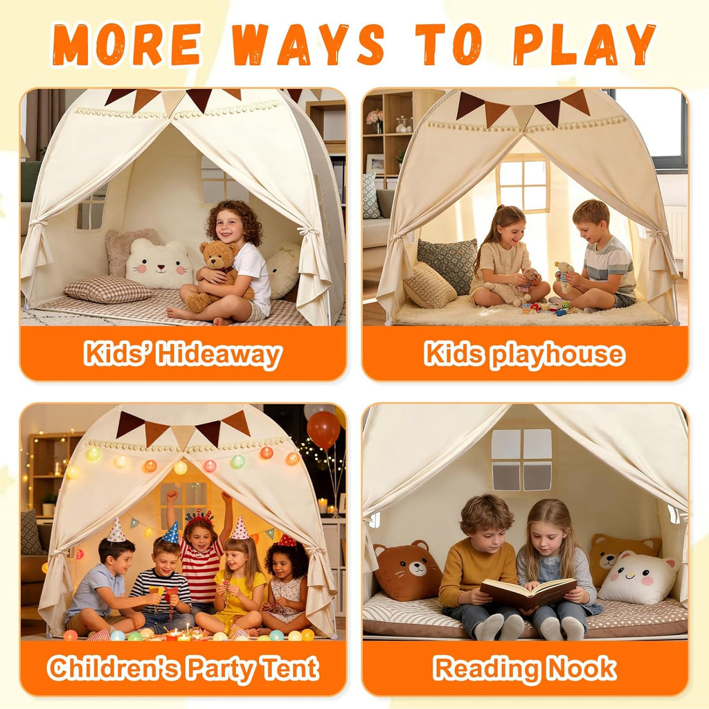 Large Teepee Tent for Kids: with Star Lights & Flags - 3-Window Cone Ball Playhouse for Indoor & Outdoor - Portable &