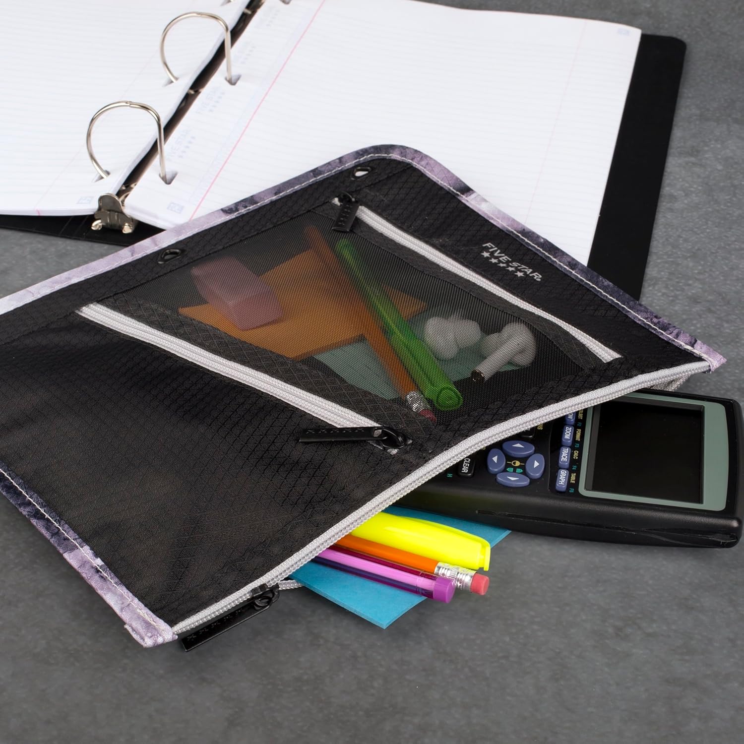 Pencil Pouch, Pen Case, 3-Pocket Zipper Pouch, Fits 3-Ring Binder, Storage Organizer for Classroom Supplies Earbuds