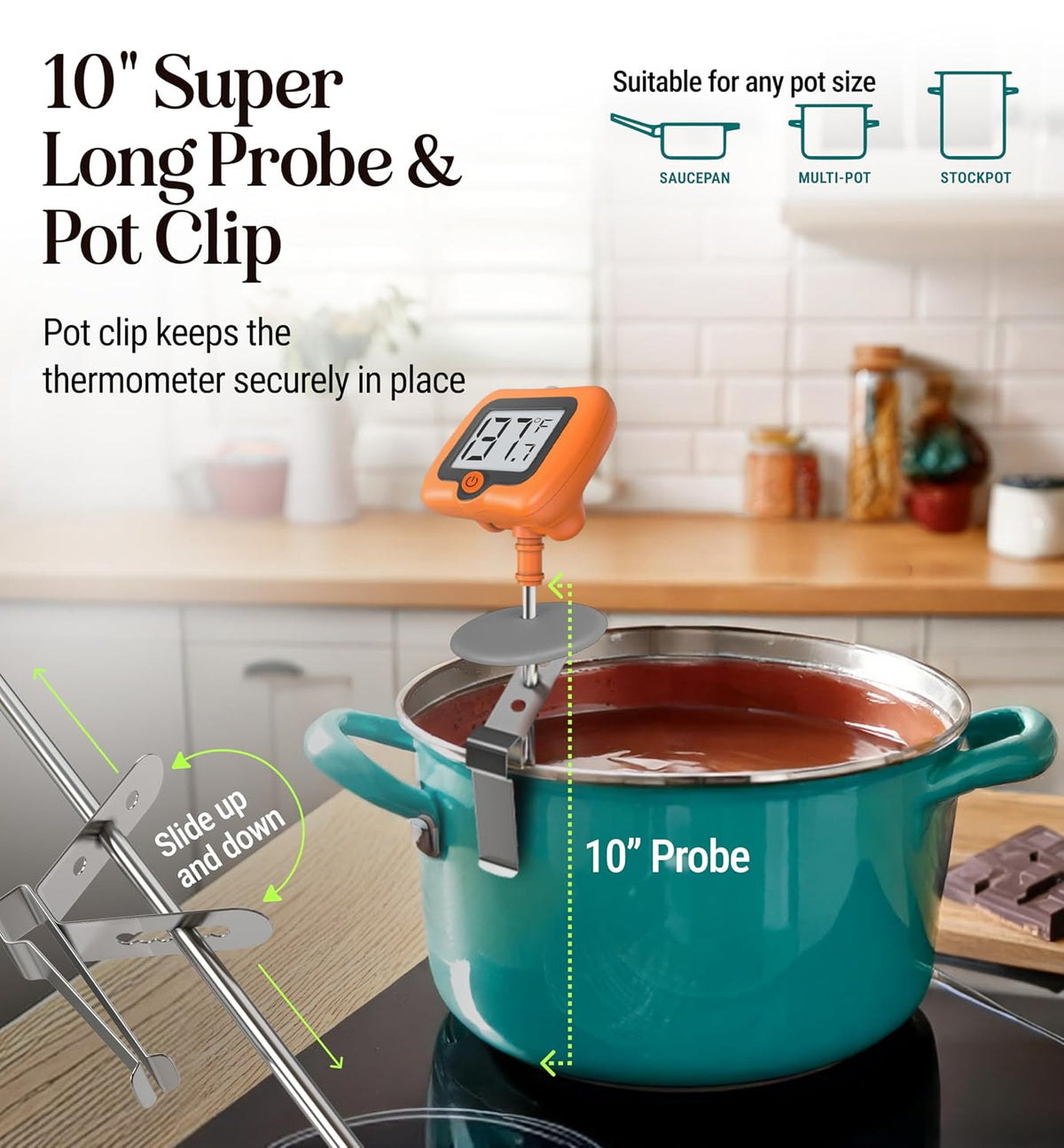 Digital Candy Thermometer with Pot Clip, 10" Long Stainless Steel Probe, Instant Read Kitchen Thermometer for