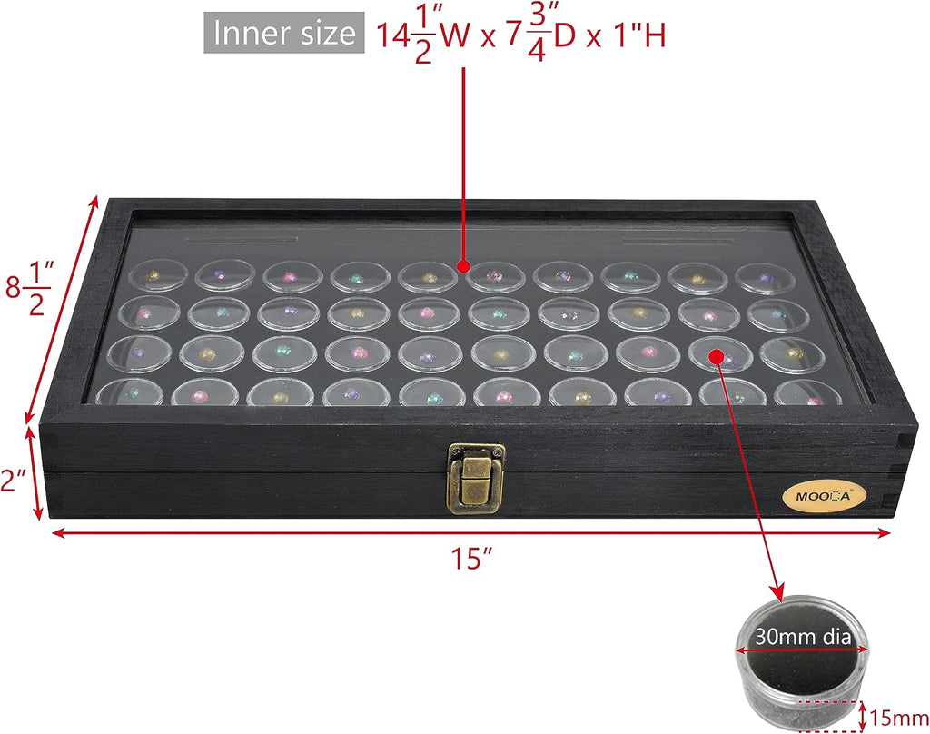 Glass Top Black Jewelry Display Case Box 50 Gem Jars | Black glass-top jewelry case with 50 gem jars keeps gemstones