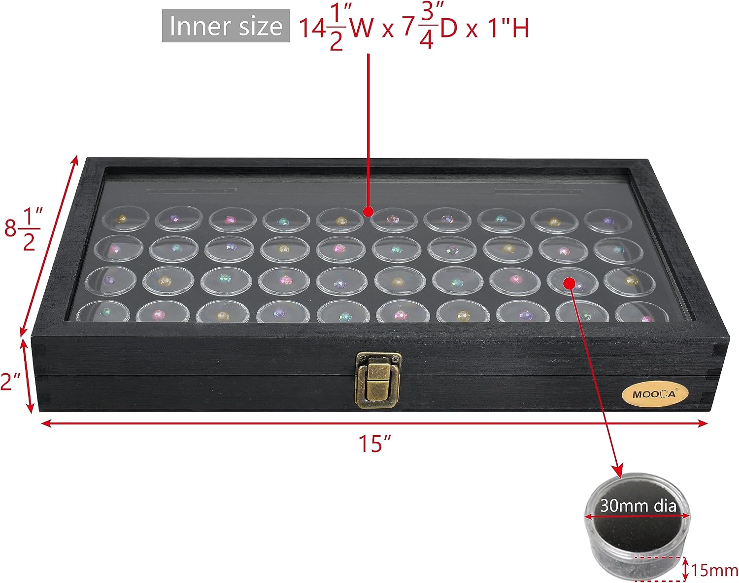 Glass Top Black Jewelry Display Case Box 50 Gem Jars | Black glass-top jewelry case with 50 gem jars keeps gemstones
