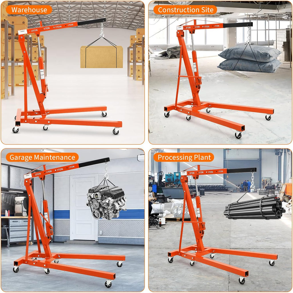 2-Ton Folding Engine Hoist Cherry Picker 4400 Lb Capacity Hydraulic Shop Crane with Telescoping Boom 6 Caster Wheels