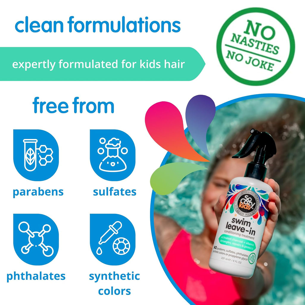 SoCozy Swim Leave In Conditioner Spray & Treatment for Kids Hair (8 Fl Oz) Protects & Repairs Pool, Sun & Salt