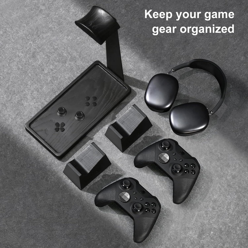 Headphone and Headset Stand with Controller Holders Gamer Gifts | Solid Wood, Holds 2 Controllers, Storage Tray for