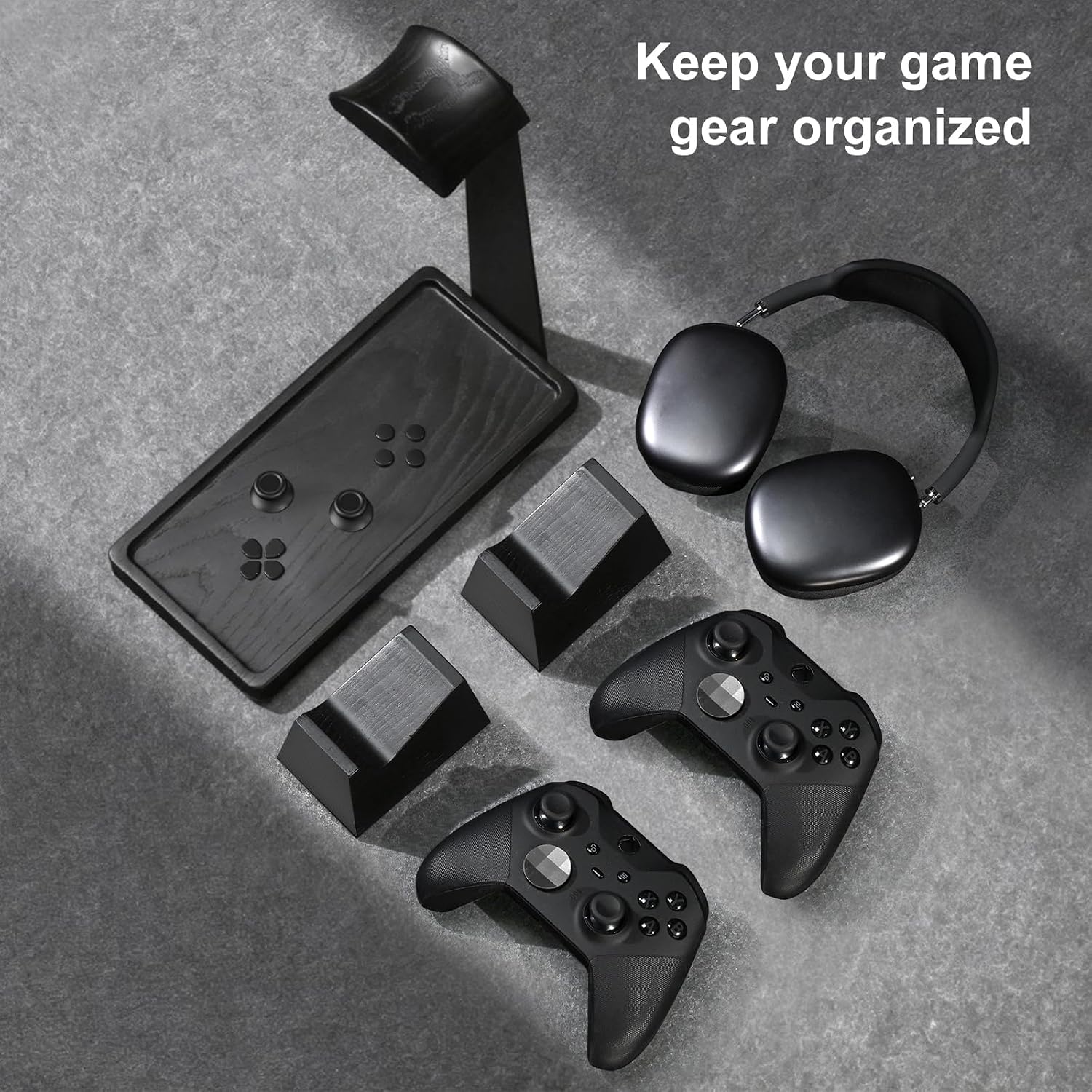 Headphone and Headset Stand with Controller Holders Gamer Gifts | Solid Wood, Holds 2 Controllers, Storage Tray for