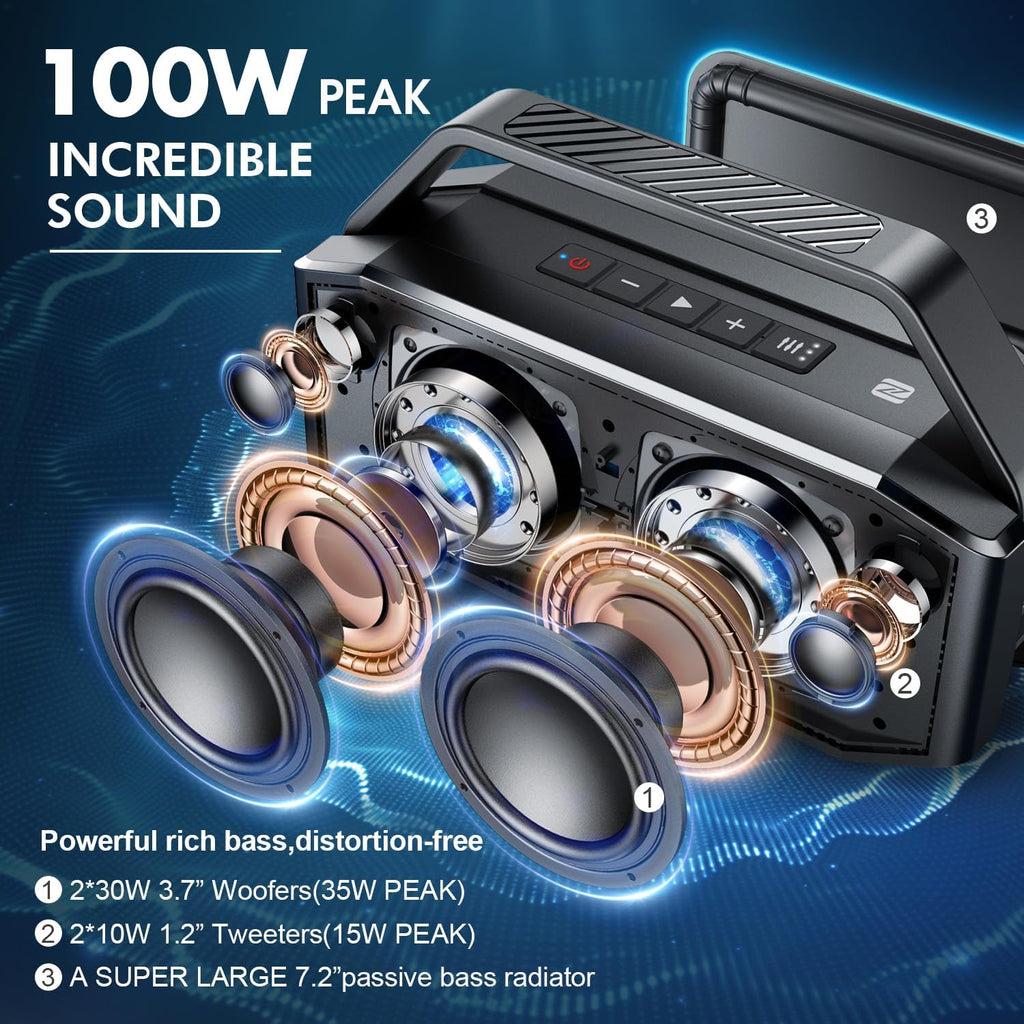 Loud Bluetooth Speaker, 100W Max IPX6 Portable Outdoor Speakers Bluetooth Wireless/60W Deep Bass Radiator/2