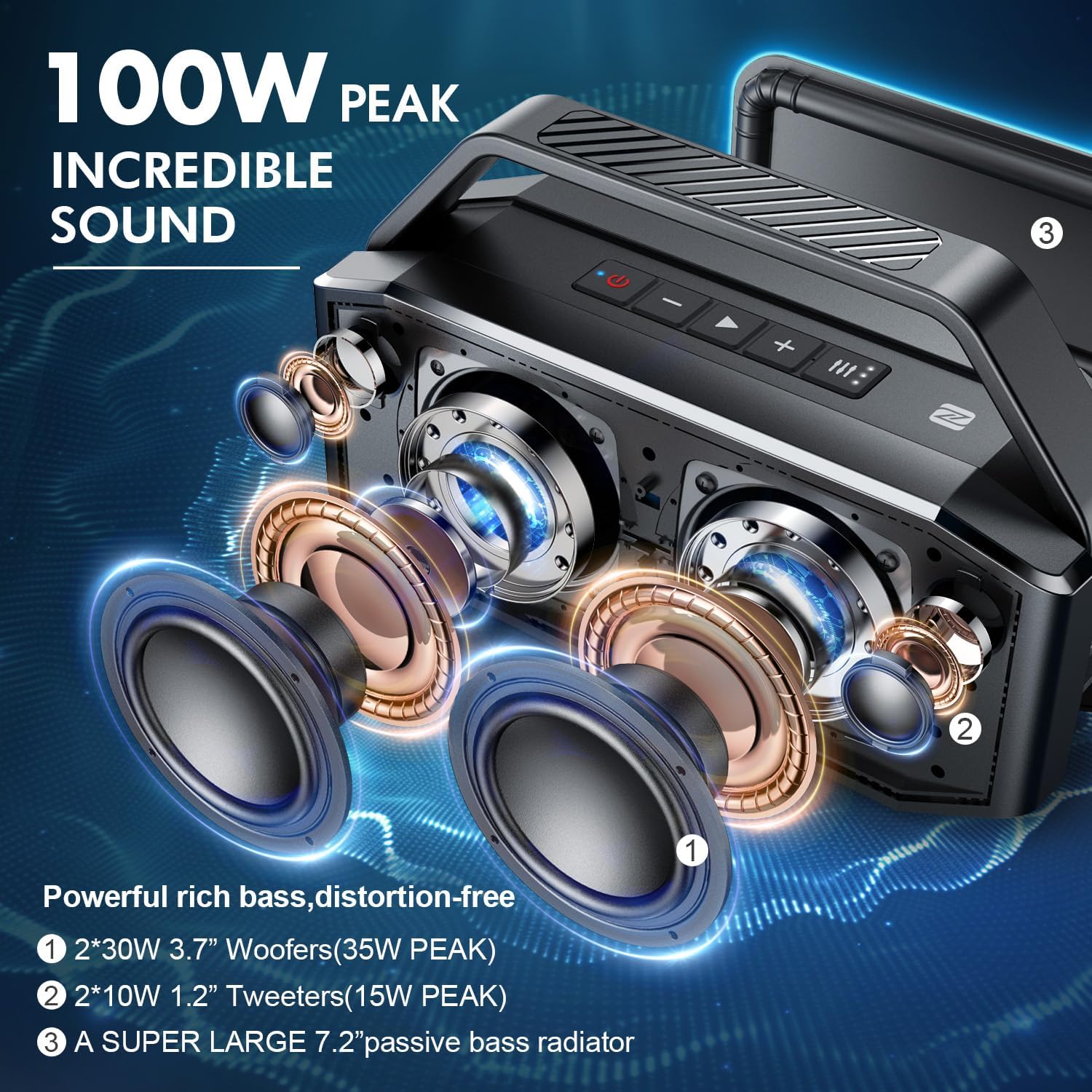 Loud Bluetooth Speaker, 100W Max IPX6 Portable Outdoor Speakers Bluetooth Wireless/60W Deep Bass Radiator/2