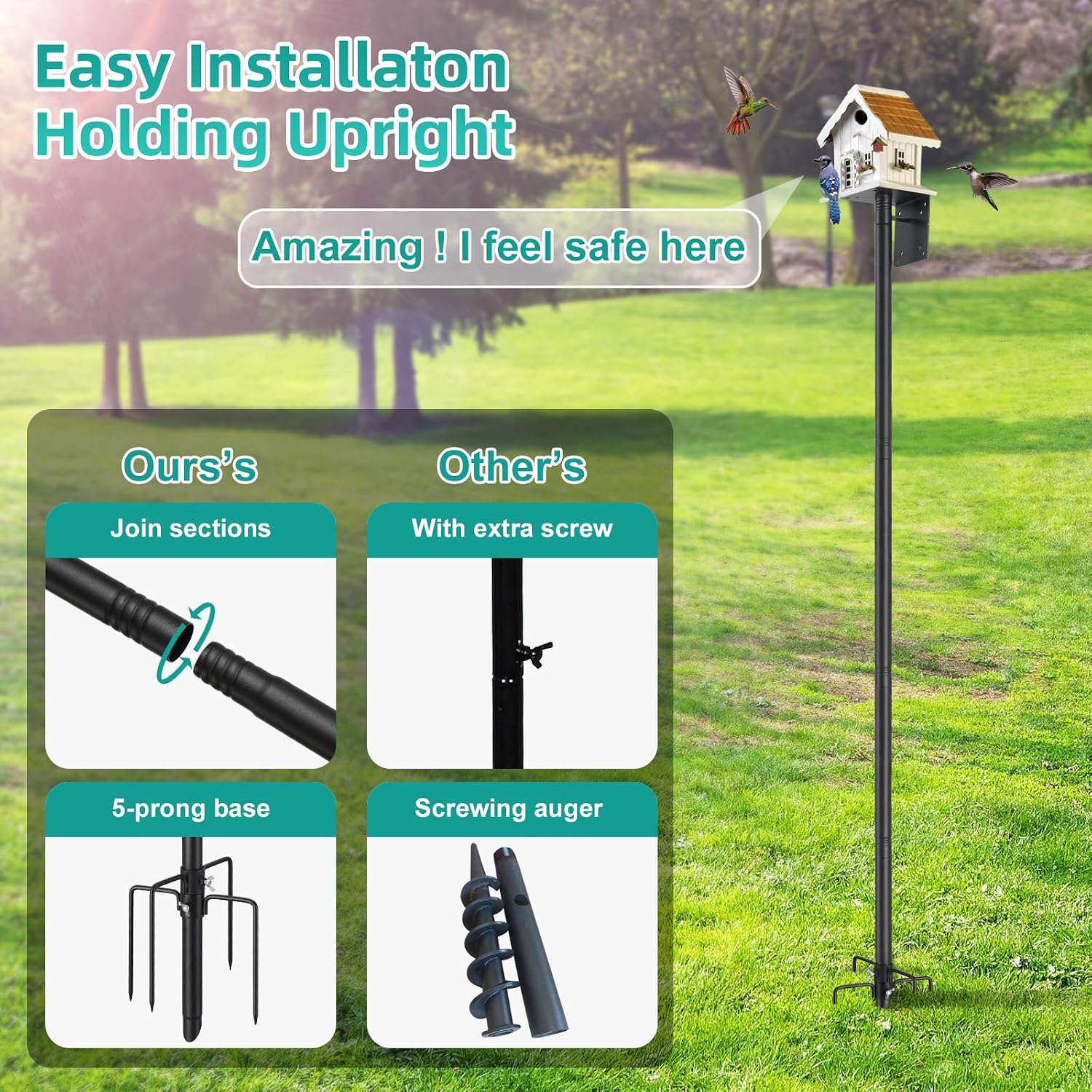 Bird House Pole,102 Inch Heavy Duty Bird Feeder Pole Mount Kit for Outdoors, 5-Prong Base, Splicing Adjustable