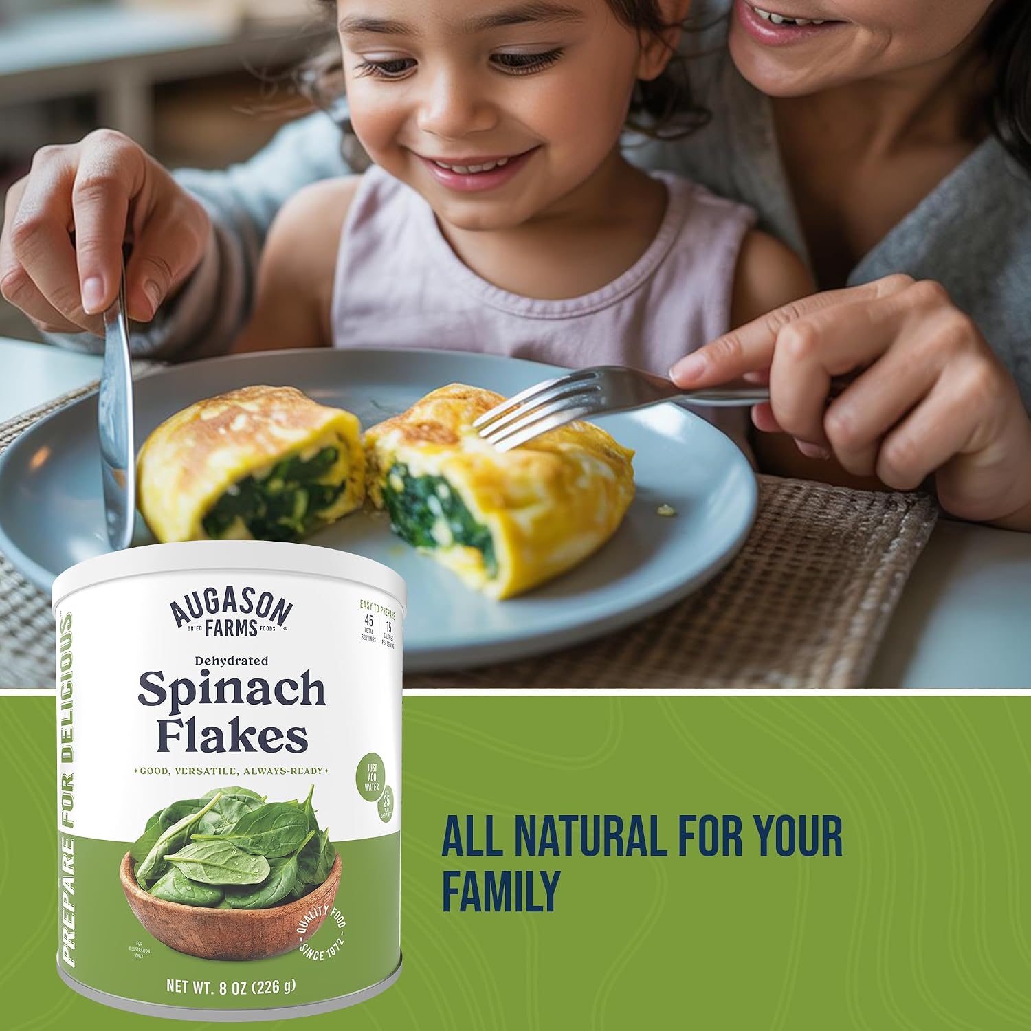 Dehydrated Spinach Flakes Can | Emergency Food Supply, 45 Servings, 25 Year Shelf Life, 15 Calories per Serving