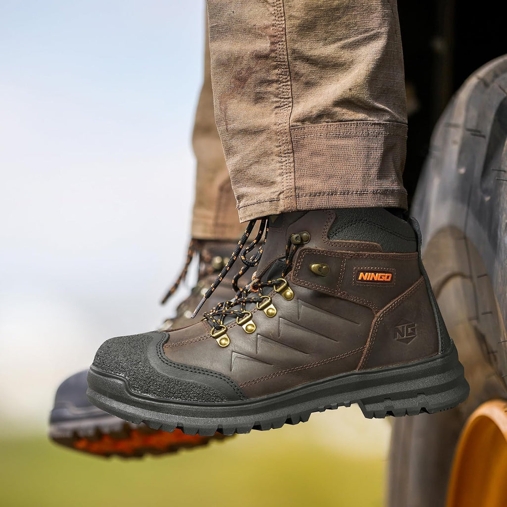 Mens Steel Toe Work Boots, Full Grain Leather, Oil and Slip Resistant, Puncture Proof Construction Boots with