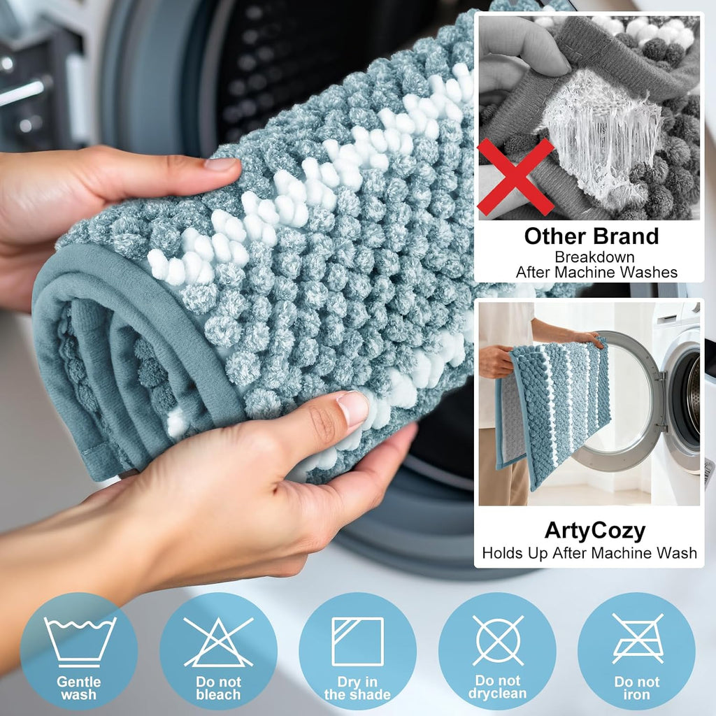 Chenille Bathroom Rugs 3 Pieces, Blue, 17"×24", 20"×32", 20"×24" | Extra Thick Absorbent Non-Slip Bath Mats with
