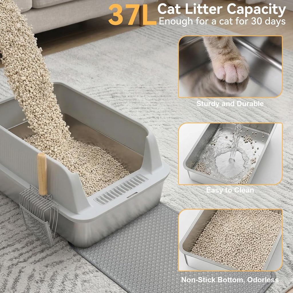 Stainless Steel Litter Box, XL High Sided Enclosed Cat Litter Boxes with Lid for Big Cats, Anti-Urine Leakage