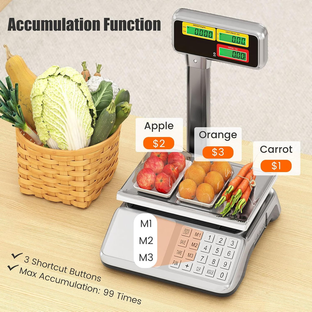 Price Computing Scale with Pole Display, 88 lb Commercial Food Scale with Stainless Steel Platform, Rechargeable