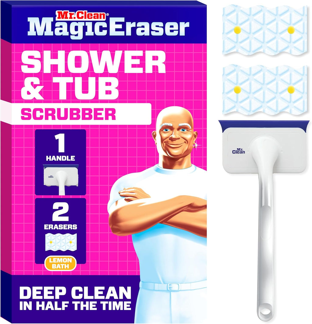 Magic Eraser Shower & Tub Scrubber, Bathroom Cleaner, All in One Bathroom Cleaner, Lemon Starter Kit, 1 Scrubber & 2