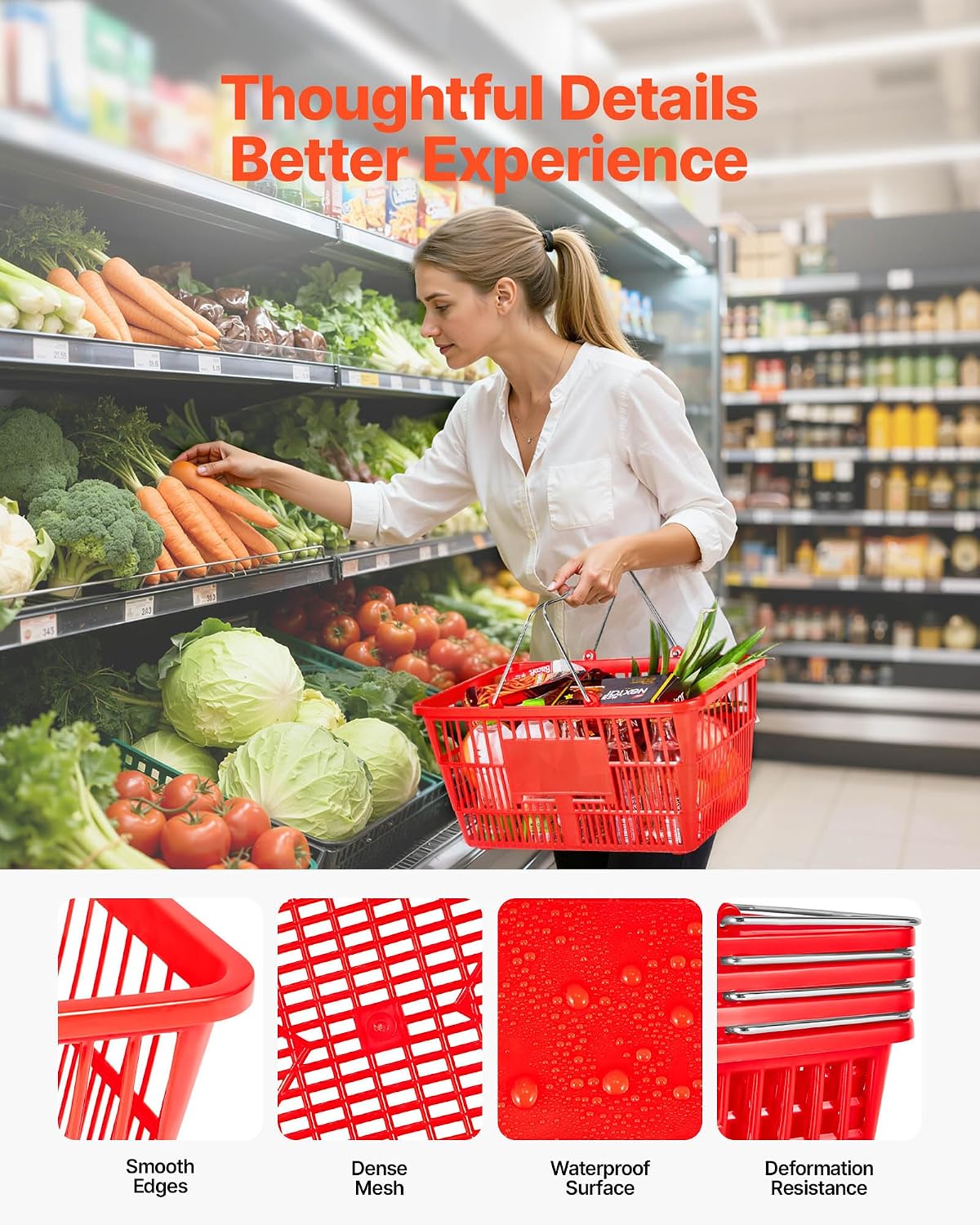 Shopping Baskets, 12 PCS, 21L Stackable PE Plastic Grocery Baskets with Metal Handles, Dense Mesh Structure, Holds up