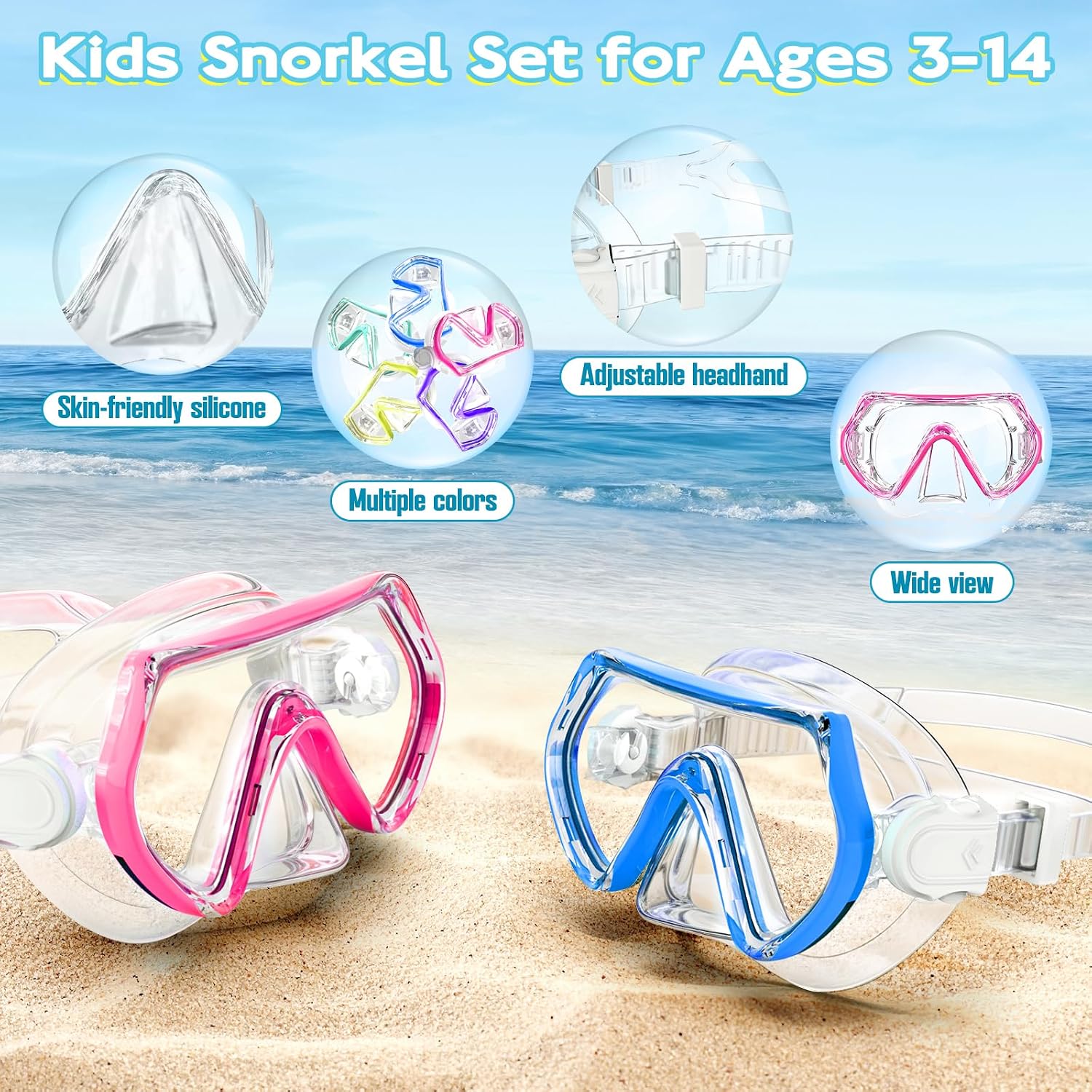 2 Sets Kids Snorkeling Gear for Ages 3-14, Anti-Fog 180° Clear View Dry Top Snorkel Set, Swimming Mask with Nose