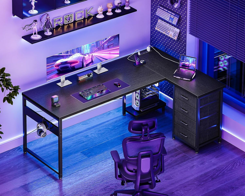 L Shaped Gaming Desk with 4 Drawers, 61" Reversible Home Office Desks with Power Outlets, L Shaped Computer Desk with