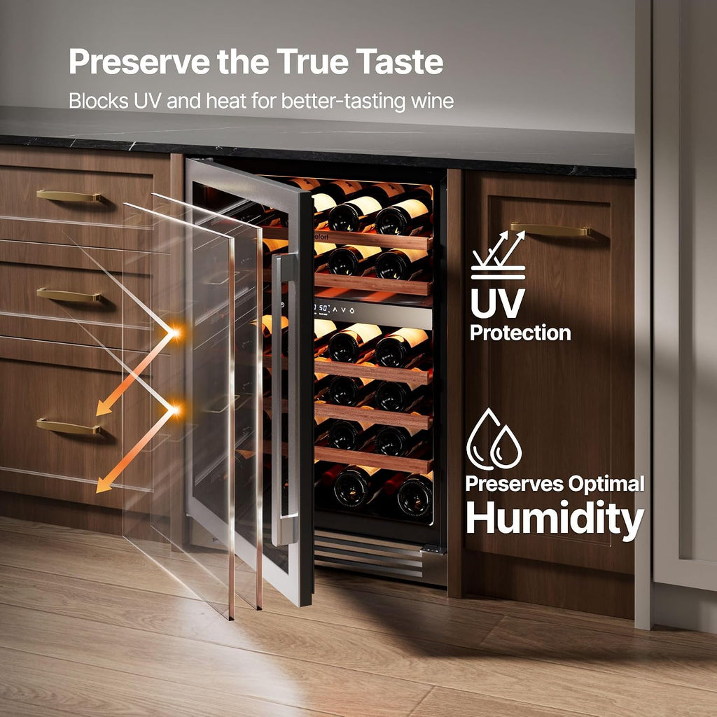 24 Inch Dual Zone Wine Fridge, 52 Bottle Built-in Wine Cooler