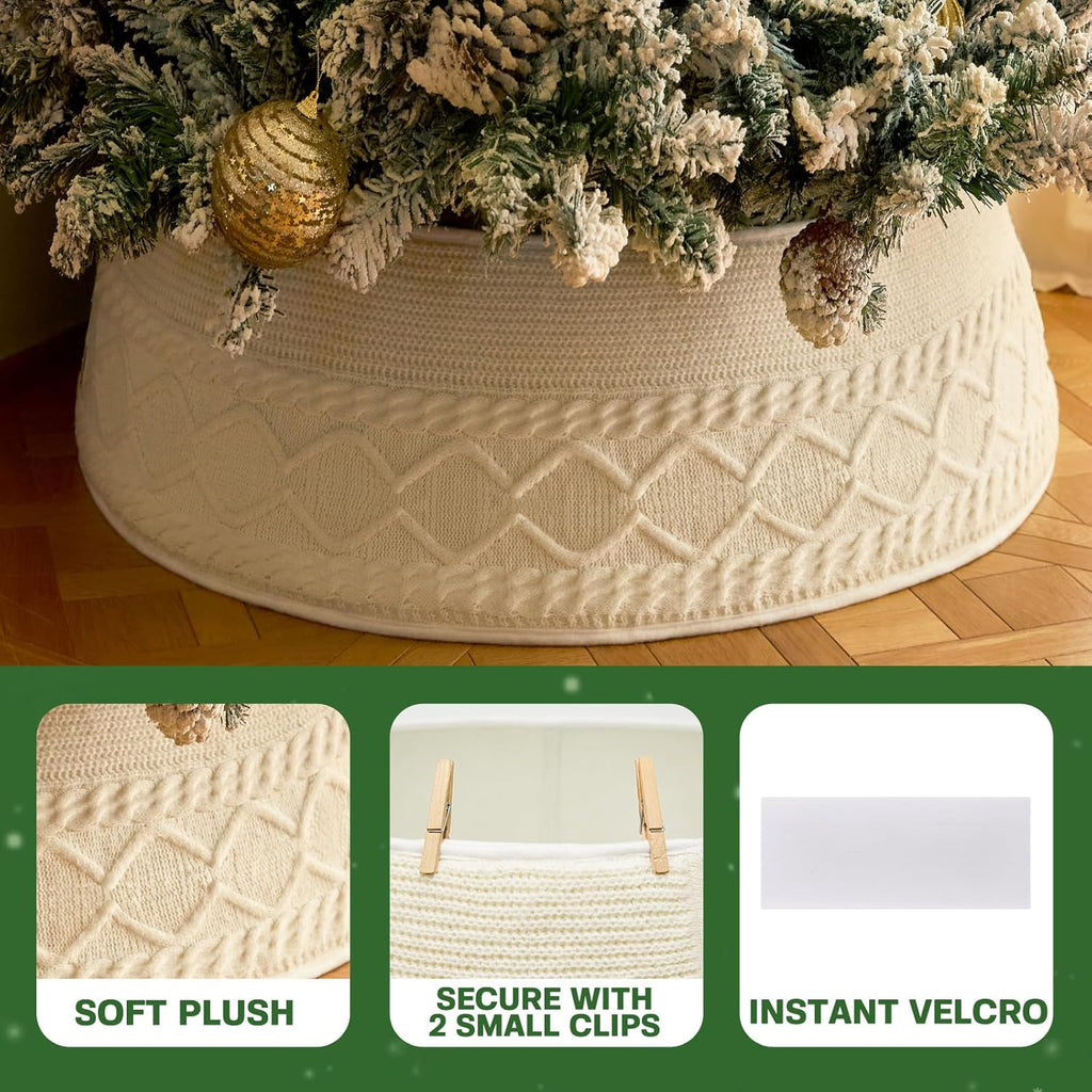 Knit Christmas Tree Collar, Christmas Tree Skirt, Cream, 23-30 in | Thick cream-white knit, adjustable 23-30 in, 10