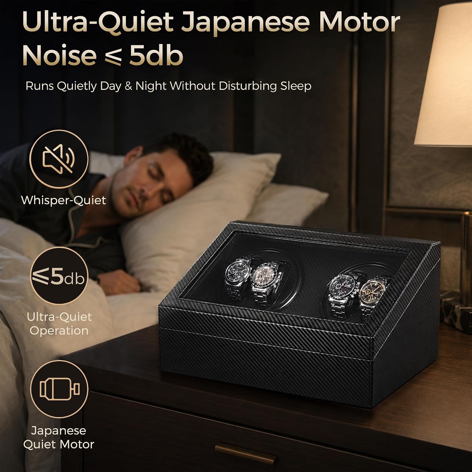Watch Winder for Automatic Watches, Automatic Watch Winder | 4 Watch Winder with 6 Slots, Carbon Fiber Finish