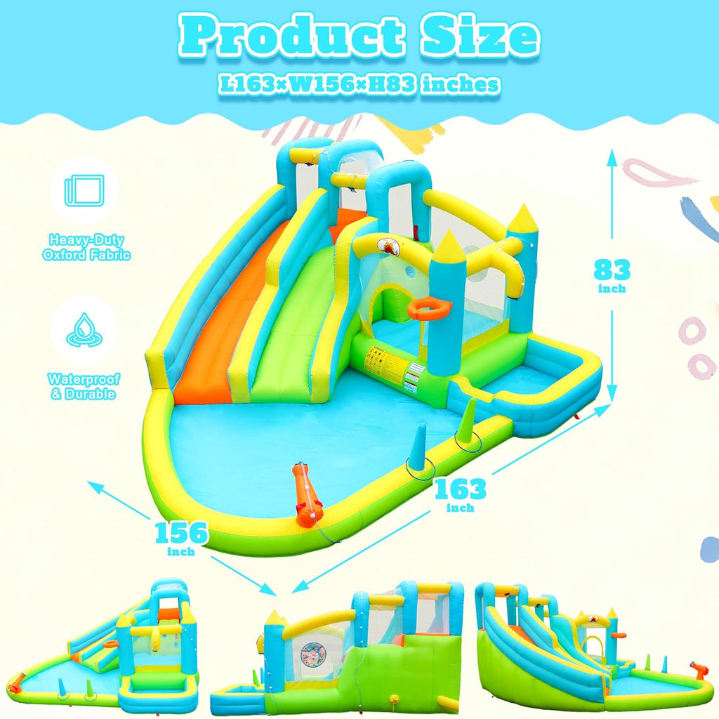 Inflatable Water Double Slides with Blower, Jumping Castle with Deep Pool, Bounce House for 5 Kids Aged 3-10, Water