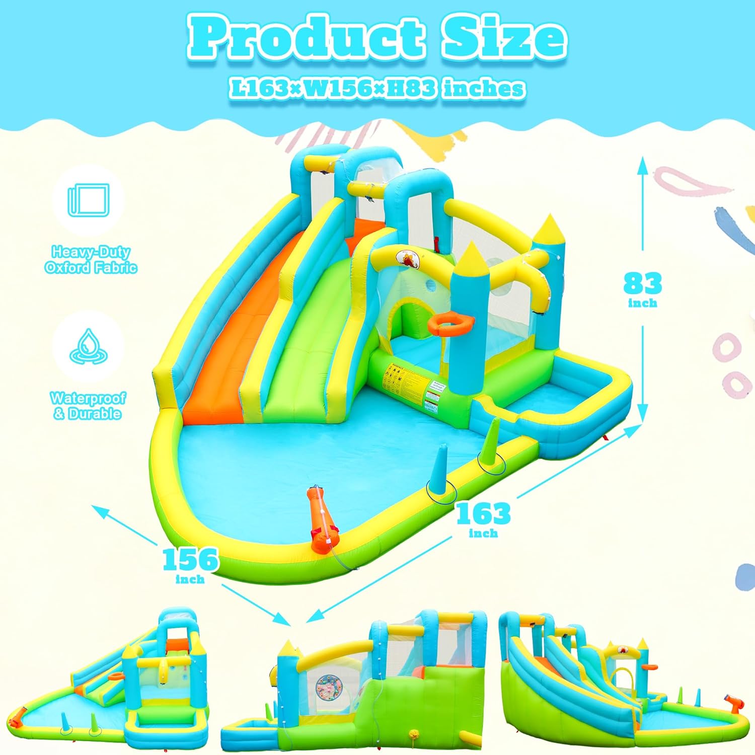 Inflatable Water Double Slides with Blower, Jumping Castle with Deep Pool, Bounce House for 5 Kids Aged 3-10, Water
