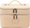 Duo Vanity Case Beige - Large Functional Travel Makeup Bag Organizer with Removable Divider & Mirror