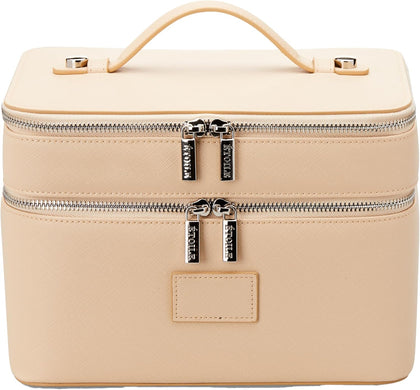 Duo Vanity Case Beige - Large Functional Travel Makeup Bag Organizer with Removable Divider & Mirror