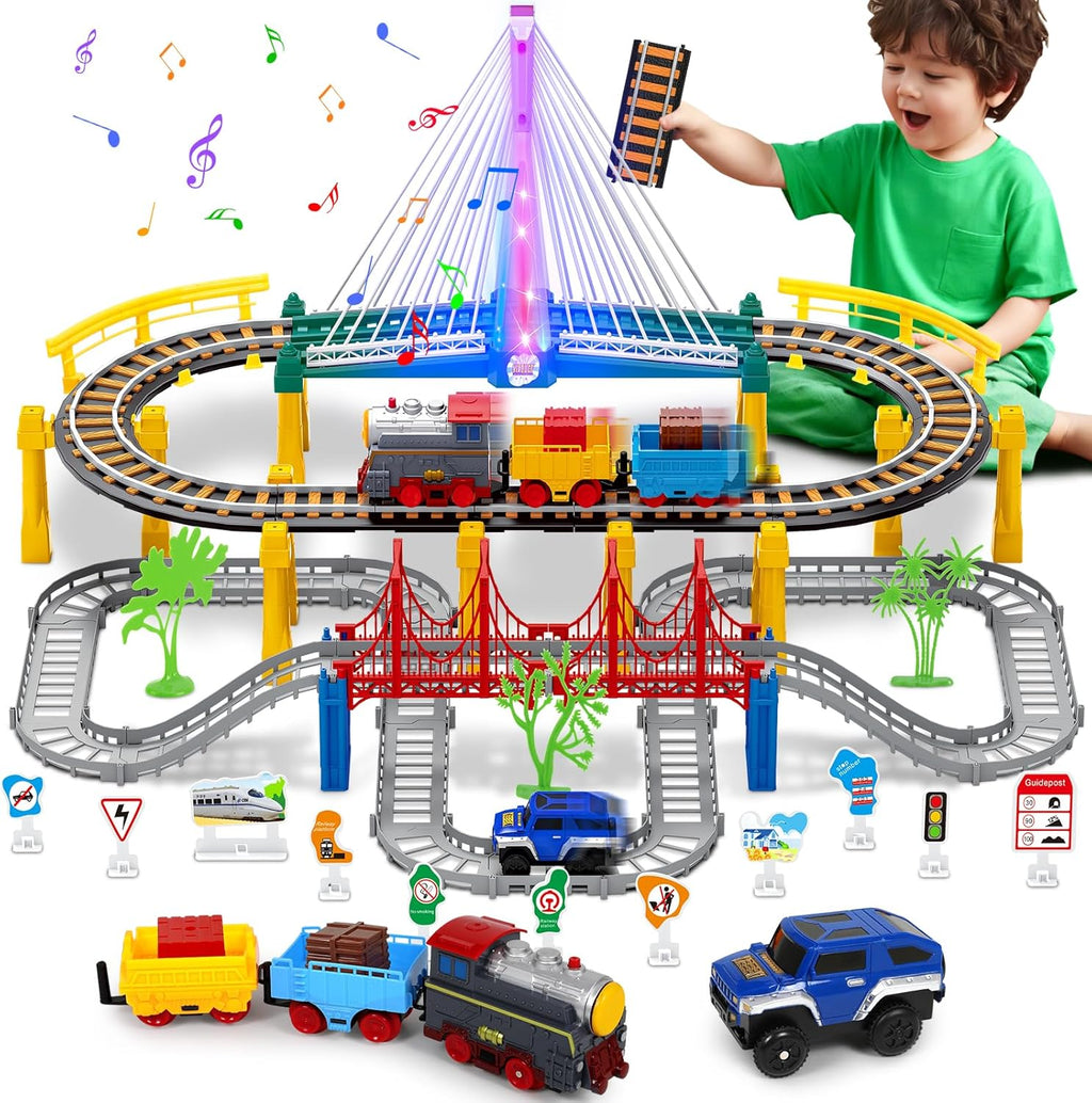Electric Train Set for Kids Ages 4-8 with Train Tracks Set & Car Tracks Lights Up Bridge Road Sign Realistic Sound