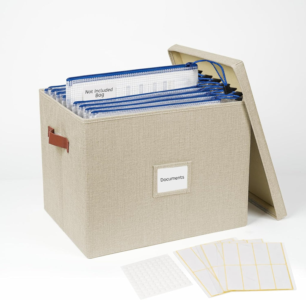 Collapsible File Storage Box with Lid - Beige