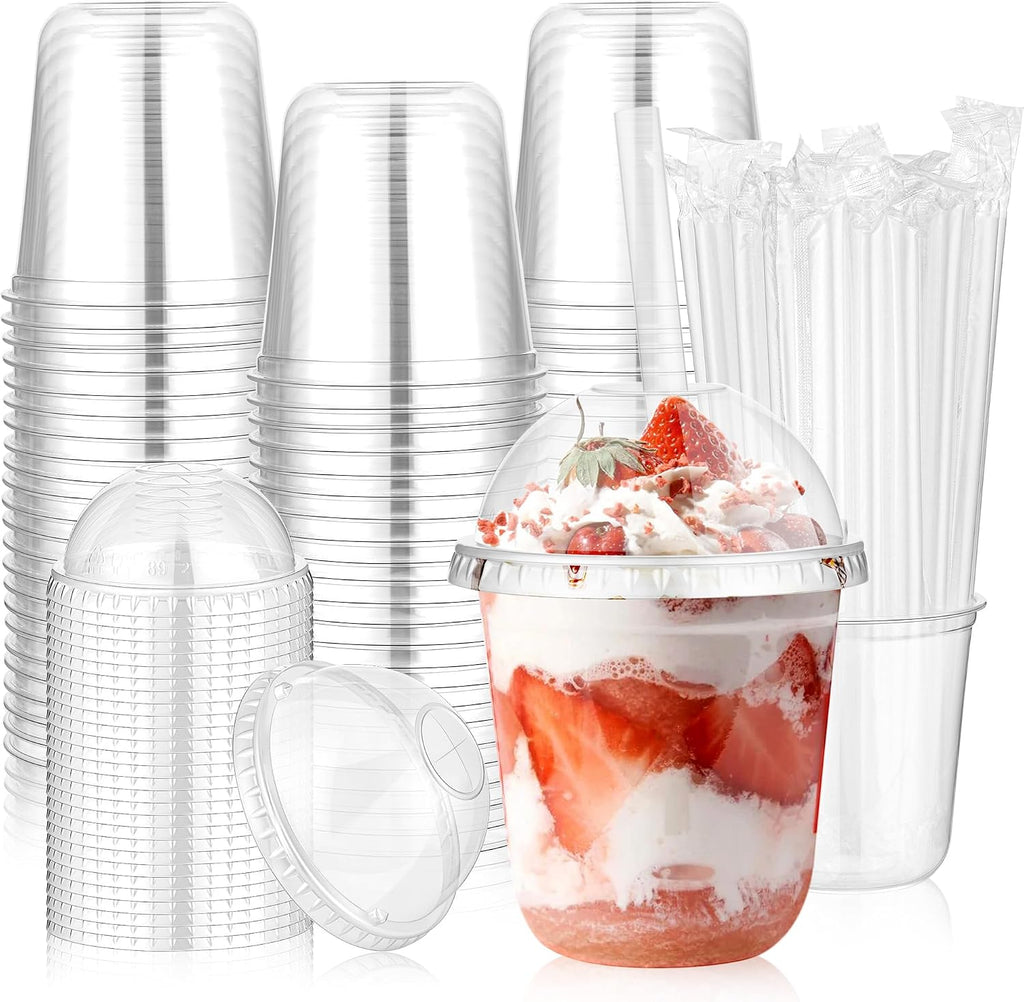 50 Pcs 12 oz Clear Plastic Slushie Cups with Dome Lids and Straws