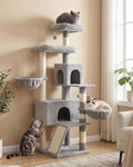 Cat Tree, 68.5-Inch Tall Cat Tower, Multi-Level Plush Condo with Large Perch, Scratching Posts, Double Caves, Dove