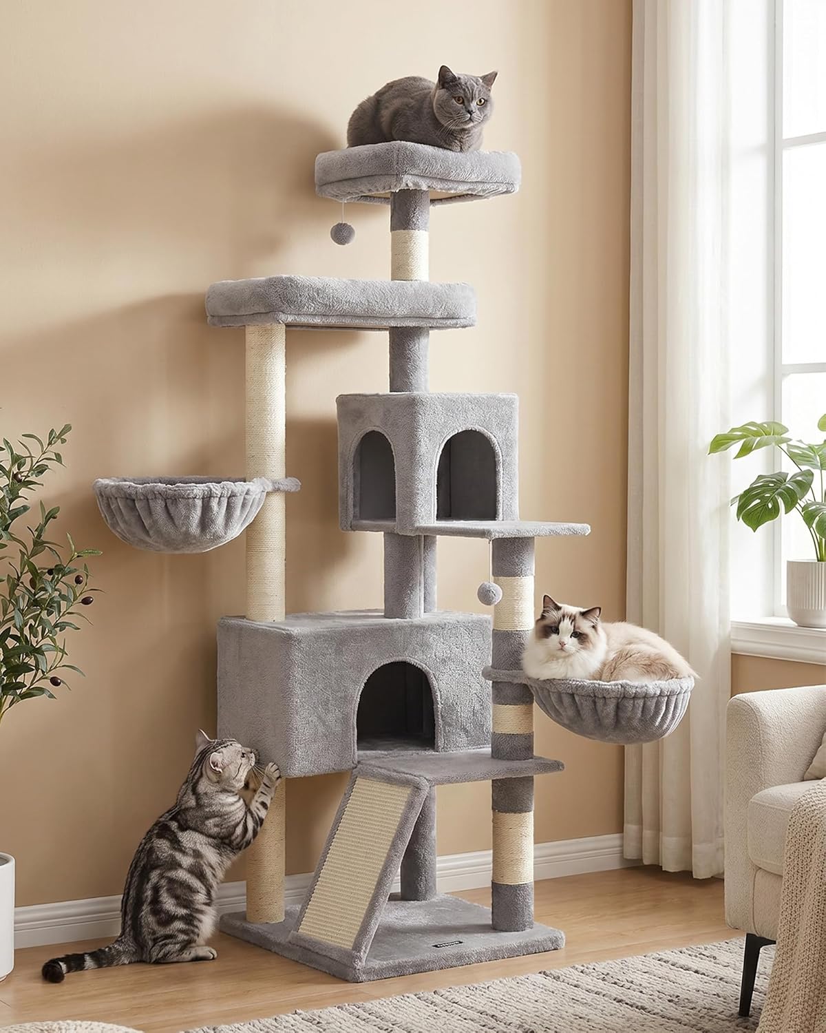 Cat Tree, 68.5-Inch Tall Cat Tower, Multi-Level Plush Condo with Large Perch, Scratching Posts, Double Caves, Dove