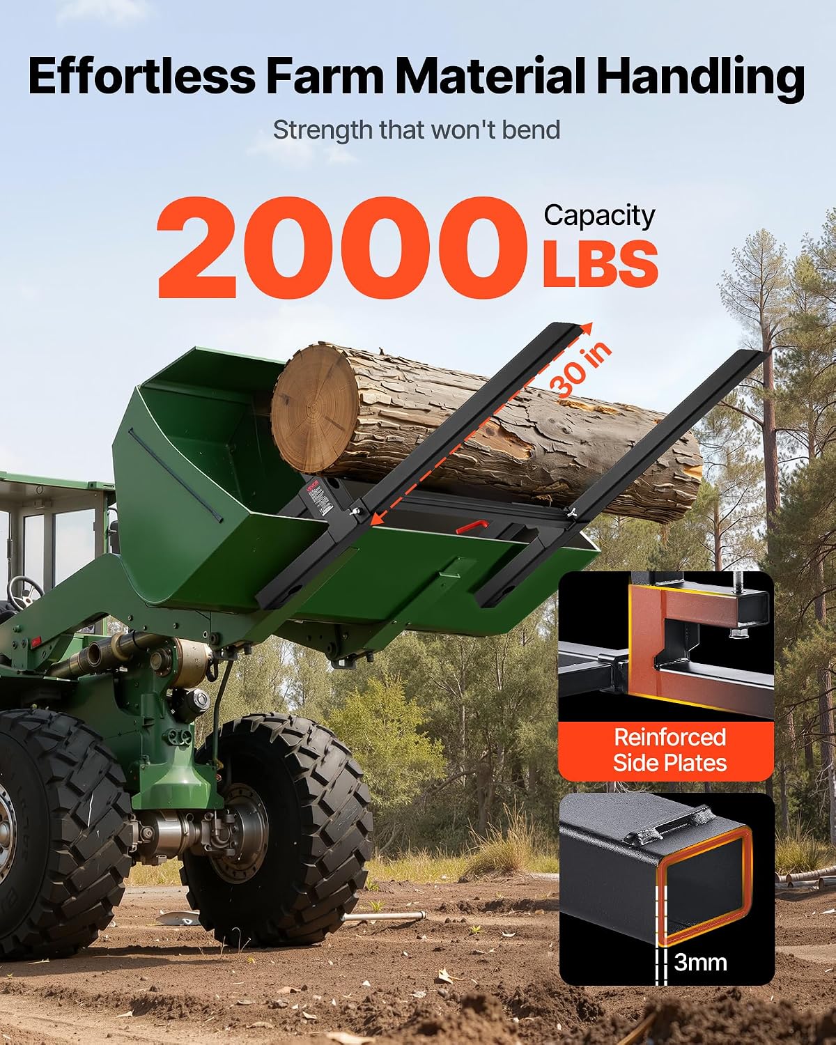 Pallet Forks, 2000 lbs Clamp on Pallet Forks, 43-Inch Total Length Heavy-Duty Tractor Fork with Adjustable Stabilizer