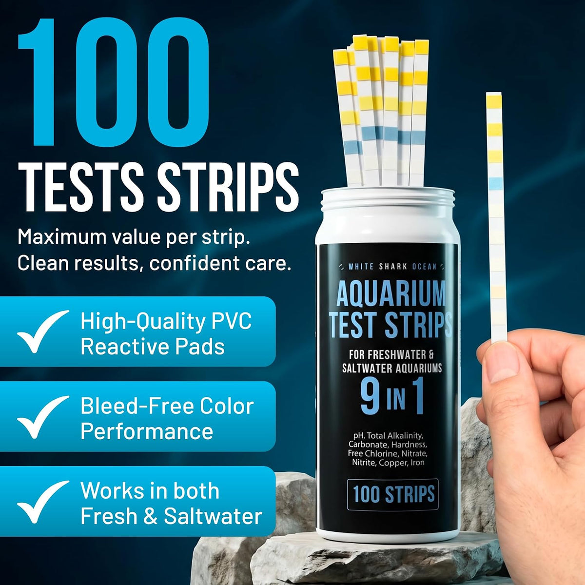 9-In-1 Aquarium Test Strips – 100 Strips for Freshwater & Saltwater | Tests pH, Nitrate, Nitrite, Hardness, Chlorine