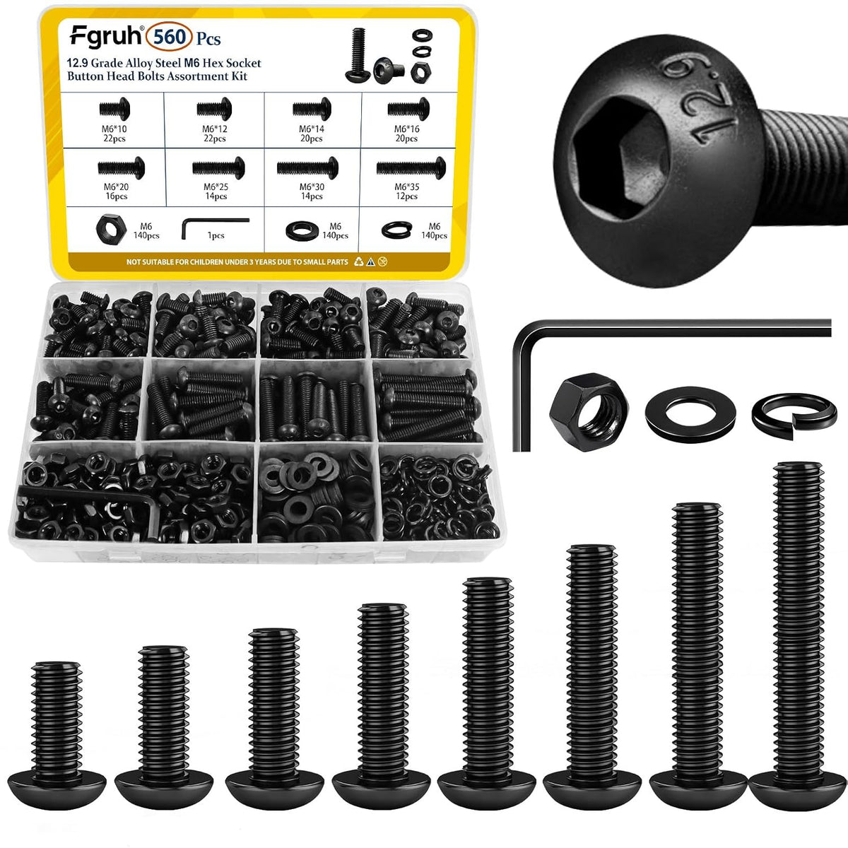 560PCS M6 Hex Button Head Screws Bolts Nuts Washers Assortment Kit