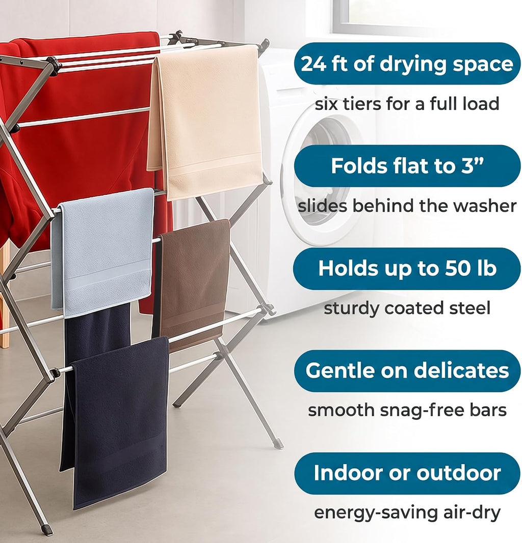 6-Tier Collapsible Steel Clothes Drying Rack, 24 ft, White | 6-tier steel rack with 24 ft of drying space folds flat