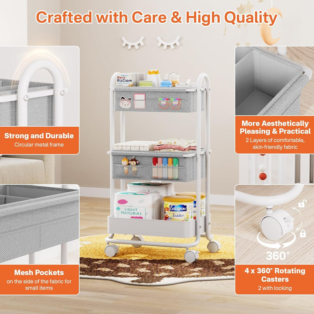 Baby Diaper Caddy Organizer Cart - 3 Tier Rolling Storage Cart with Wheels, Baby Essentials for Nursery Storage