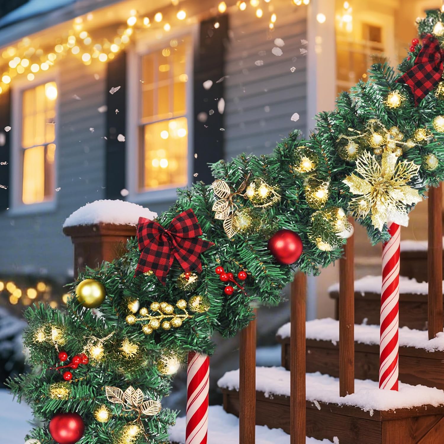9FT Christmas Garland with Lights, Pre-Lit Garland for Christmas Decorations with, Bows, Berries, Balls, Flowers