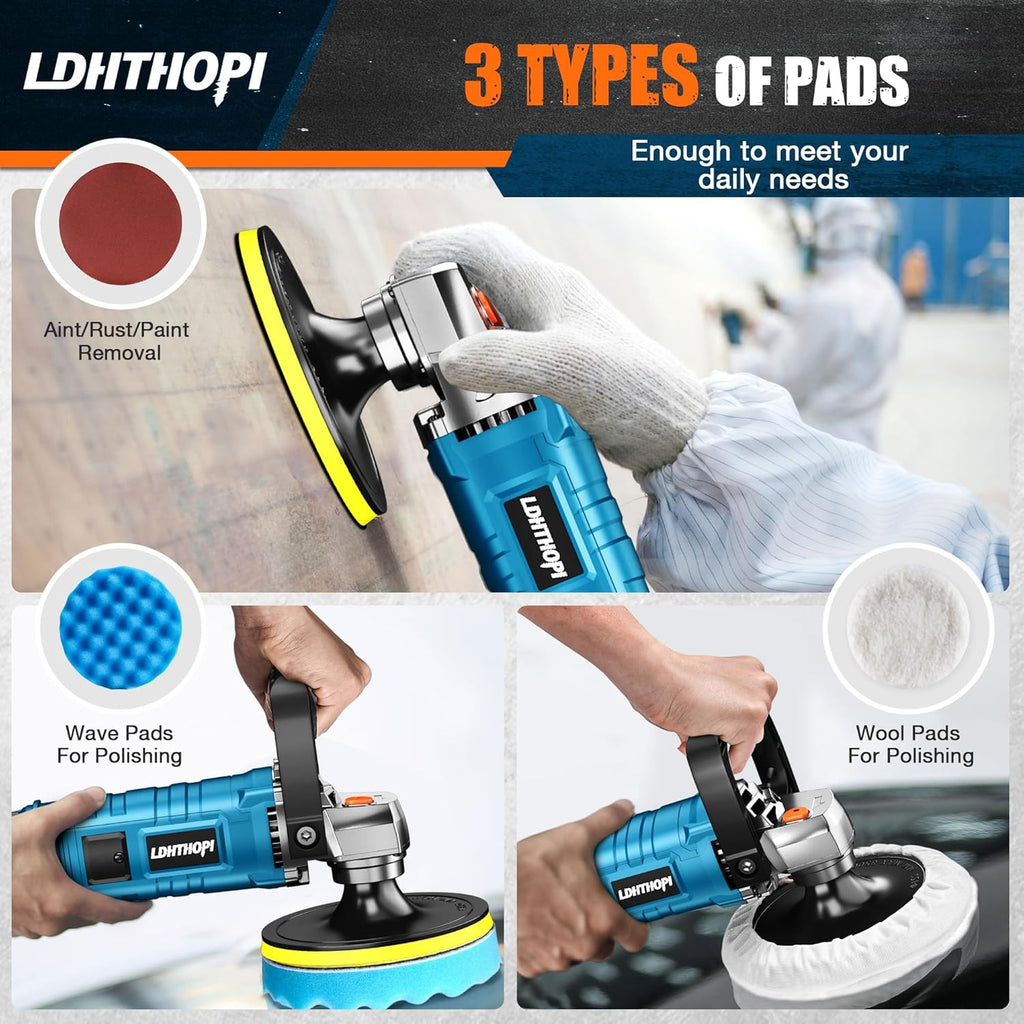 Buffer Polisher, 1600W 7 Inch/6 Inch Rotary Buffer Polisher Waxer, 7 Variable Speed 1000-3500 RPM, Detachable Handle