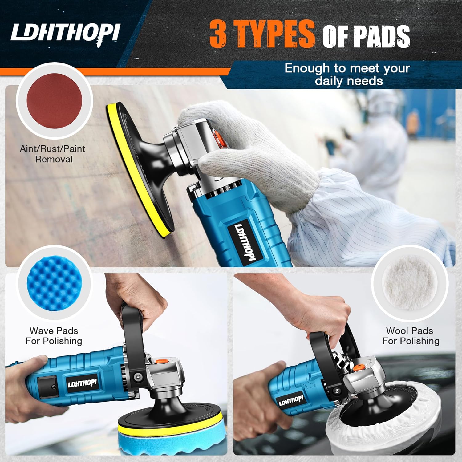 Buffer Polisher, 1600W 7 Inch/6 Inch Rotary Buffer Polisher Waxer, 7 Variable Speed 1000-3500 RPM, Detachable Handle